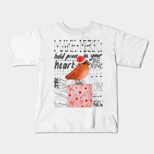 Christmas Greetings Bird on Present Kids T-Shirt